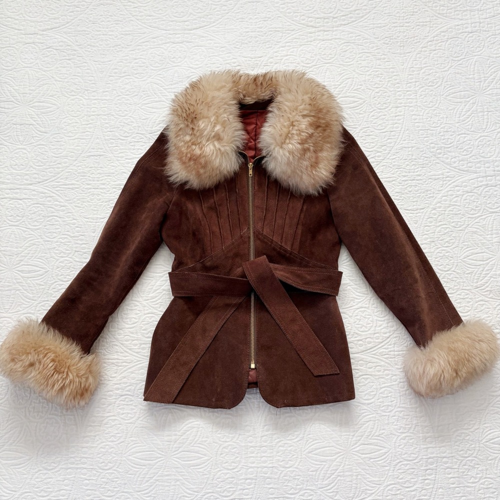 Vintage Y2K Kirk's Suede Life Juniors Faux Fur Trimmed Leather Coat Sz 7 XS/XXS